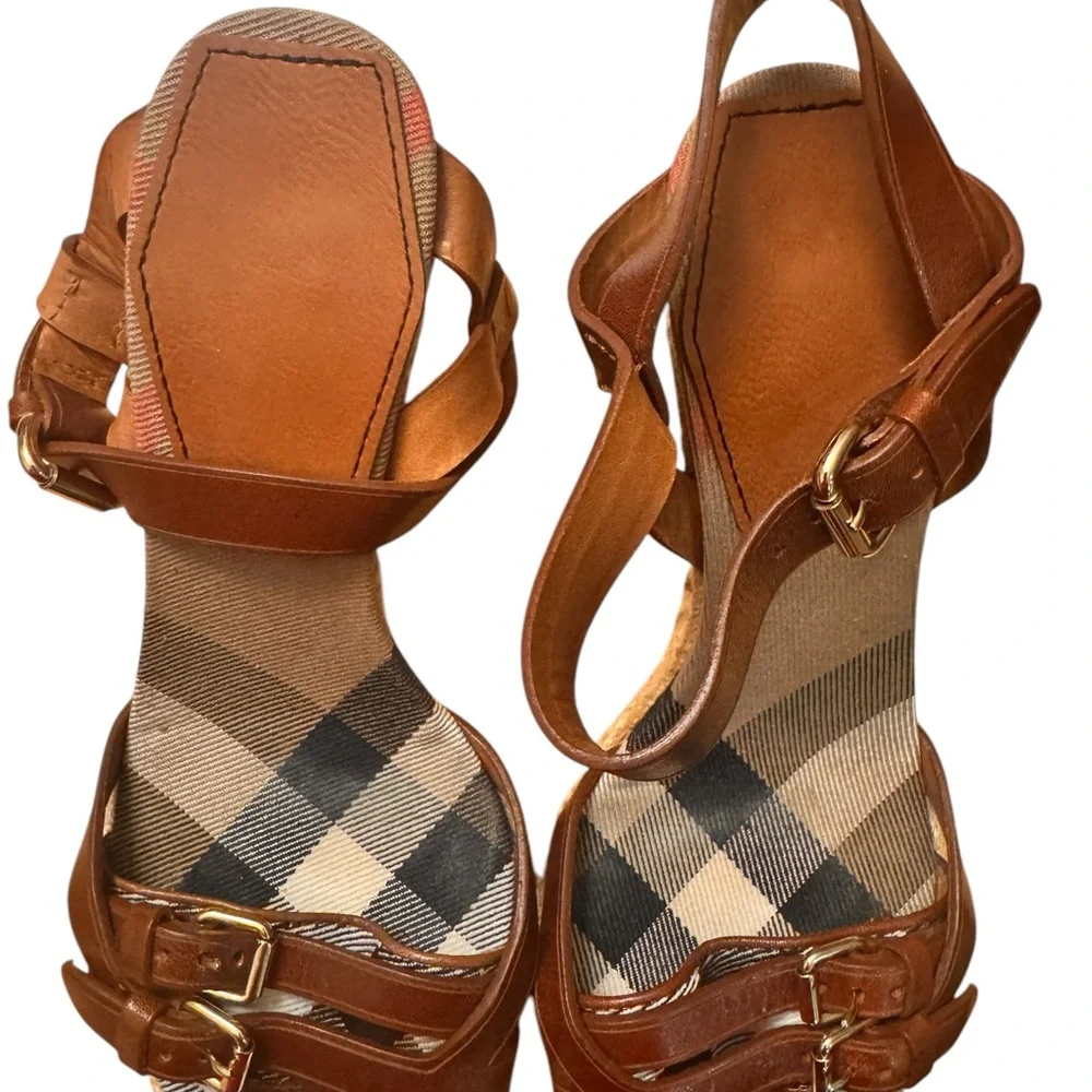 Burberry Tan Leather Check Canvas Espadrille Wedge Sandals Italy Size 35 in GUC